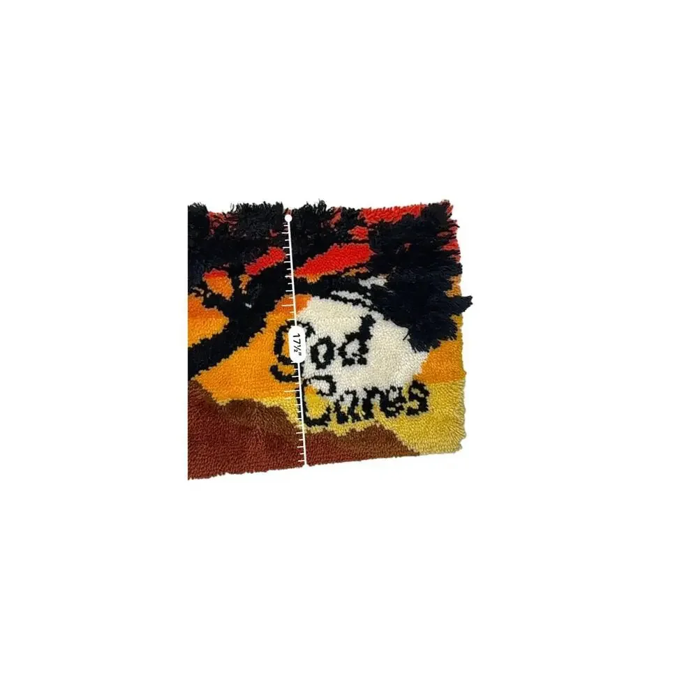 Vintage 70s Latch Hook Wall Decor Big Tree God Cares Pattern 17.5